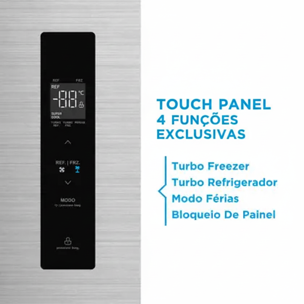 painel digital Geladeira Midea side by side 511L inverter preta com Design Premium e Conectividade