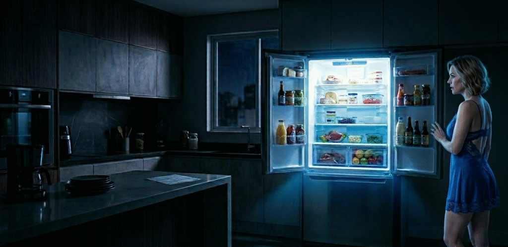 Geladeira moderna aberta iluminando cozinha escura à noite, representando consumo de energia e conta de luz alta em 2026