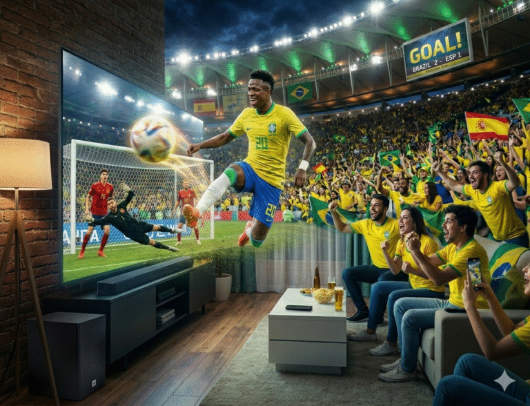 Jogador do Brasil fazendo gol na Copa do Mundo com torcida ao fundo e efeito imersivo de TV grande na sala
